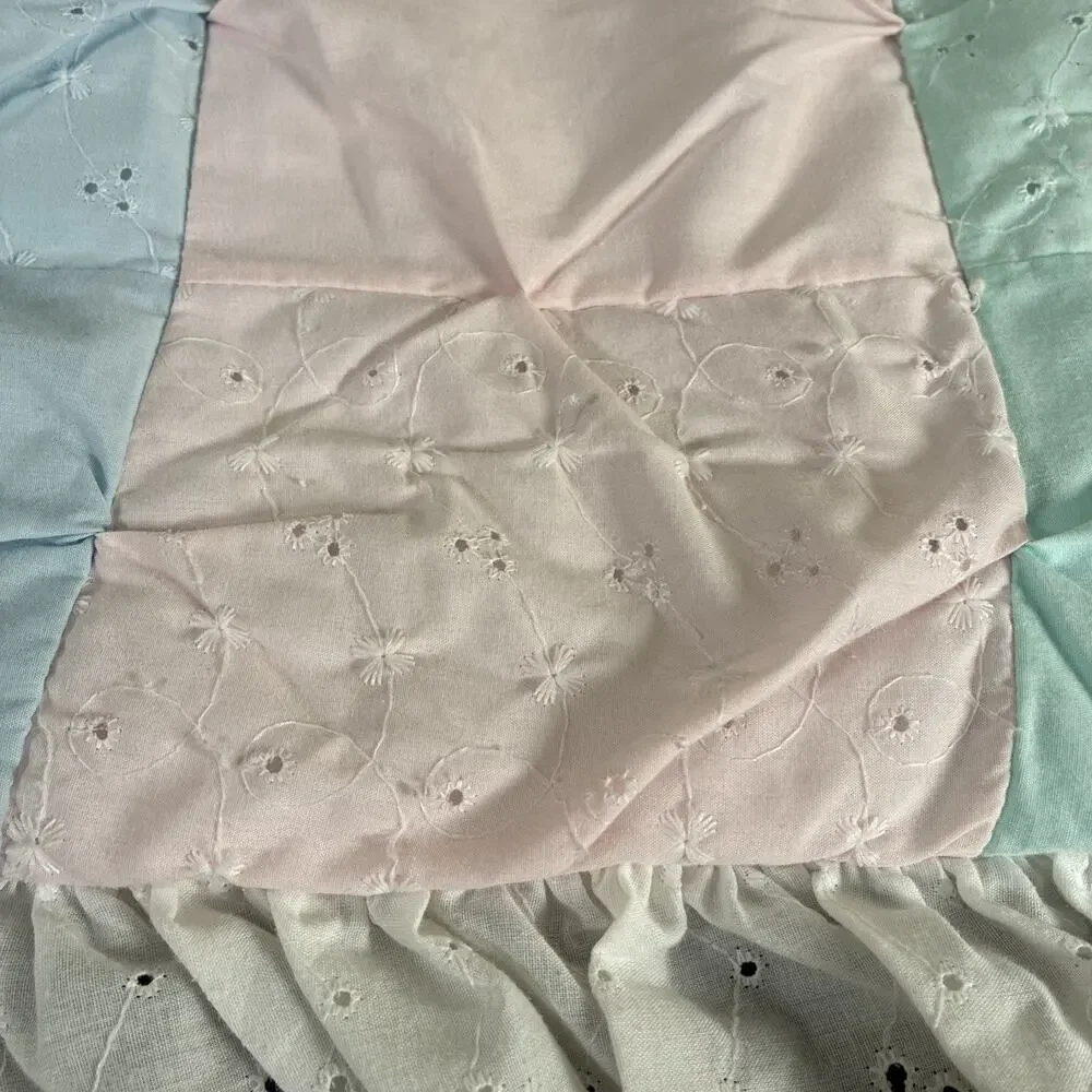 Baby Lap Quilt White Pink Blue Green Infant Patchwork Crib Eyelet Lace 42x51